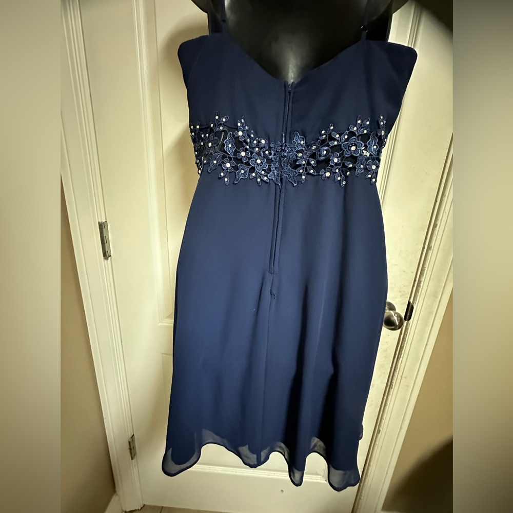 Formal Dress in Navy Blue with Floral Embellishments, Size 16 (Juniors) - Picture 2 of 4
